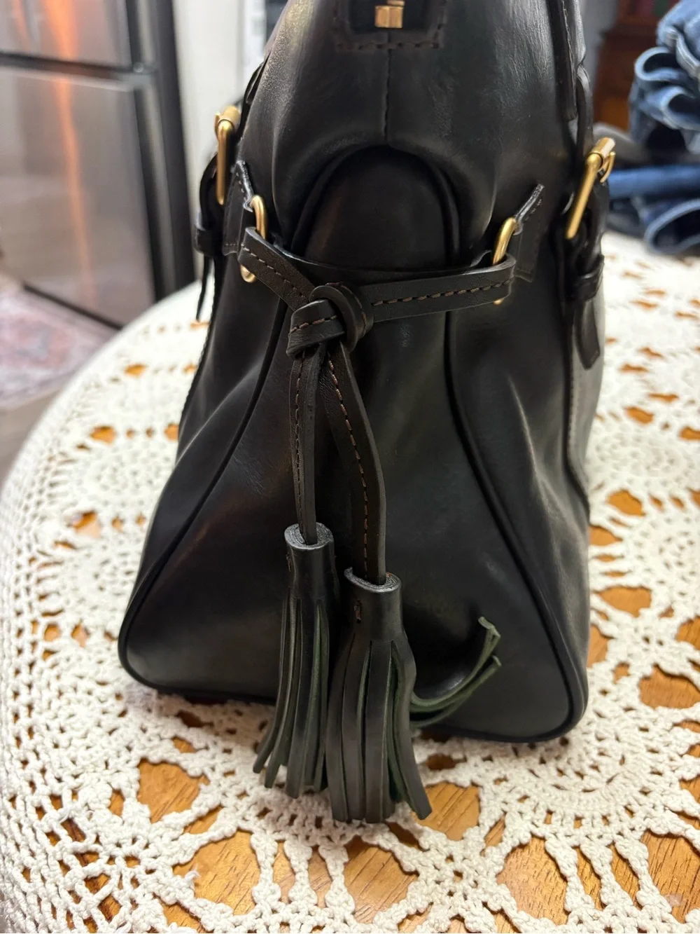 Dooney & Bourke Large Black Florentine Leather Satchel Tassel Bag Gold Hardware